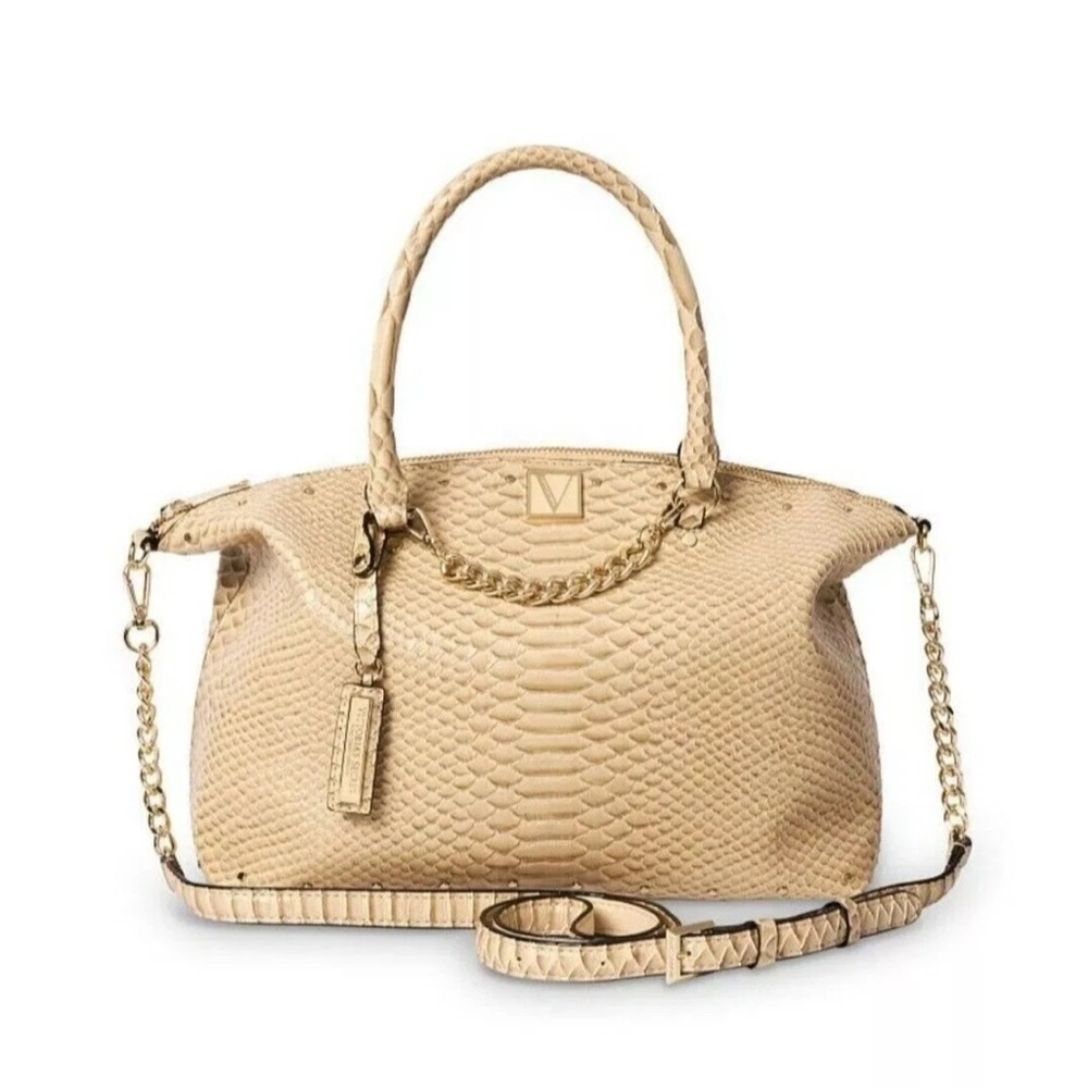 Victoria's Secret Beige Textured Satchel with Gold Chain